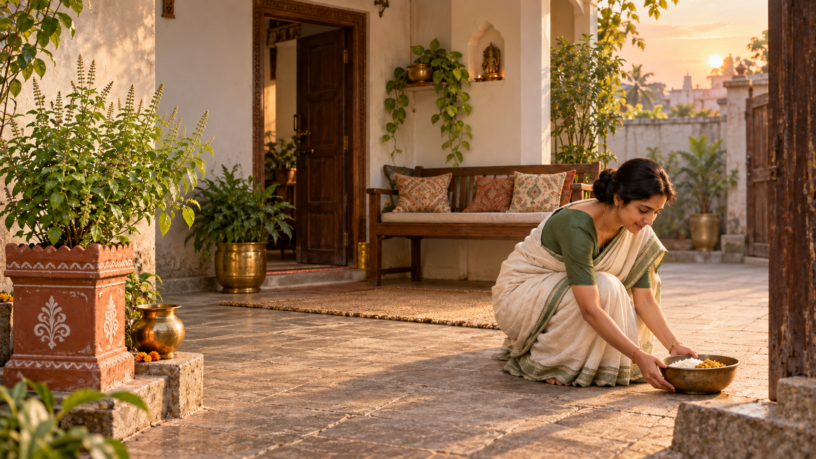 A person follows a calm morning routine by watering a tulsi plant, tidying a courtyard, and preparing a bowl of food to give away.
