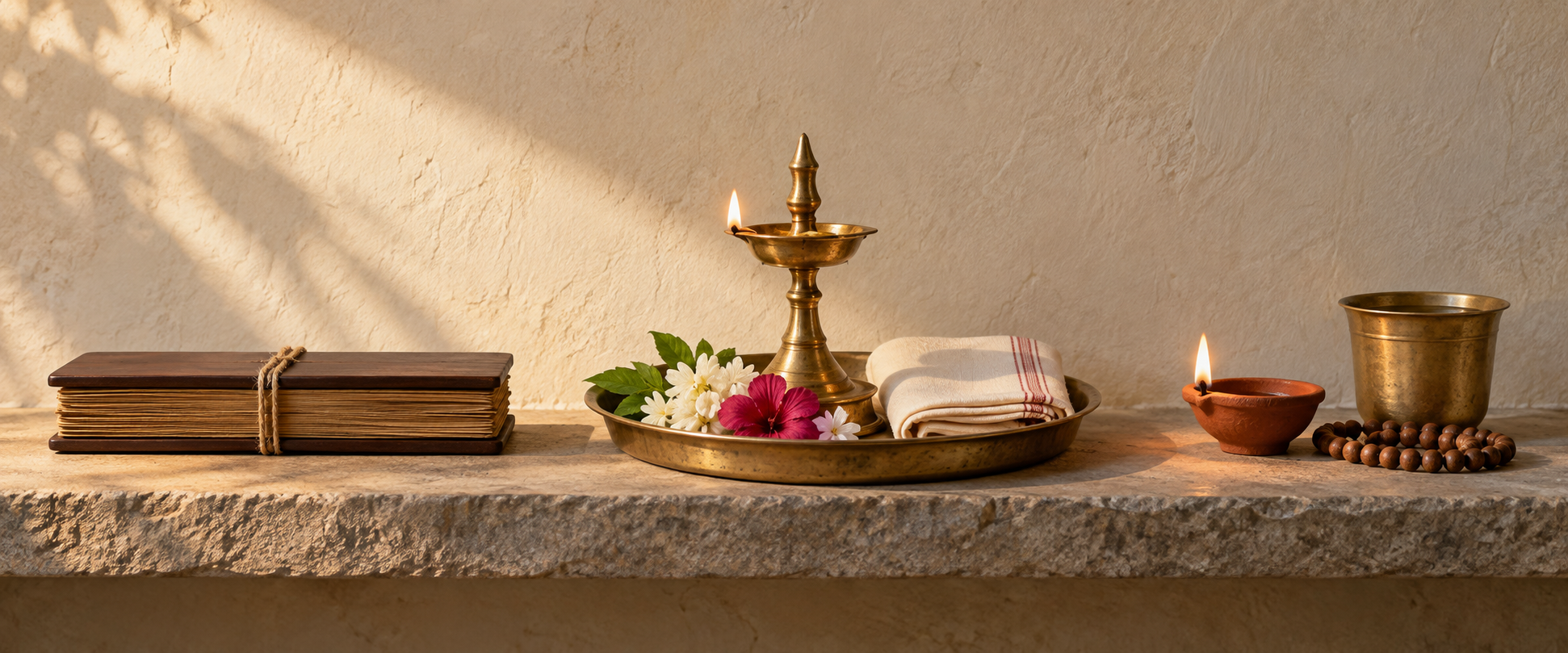 A closed manuscript bundle, a family worship tray, and a simple personal lamp are arranged as three distinct groups on a stone shelf.