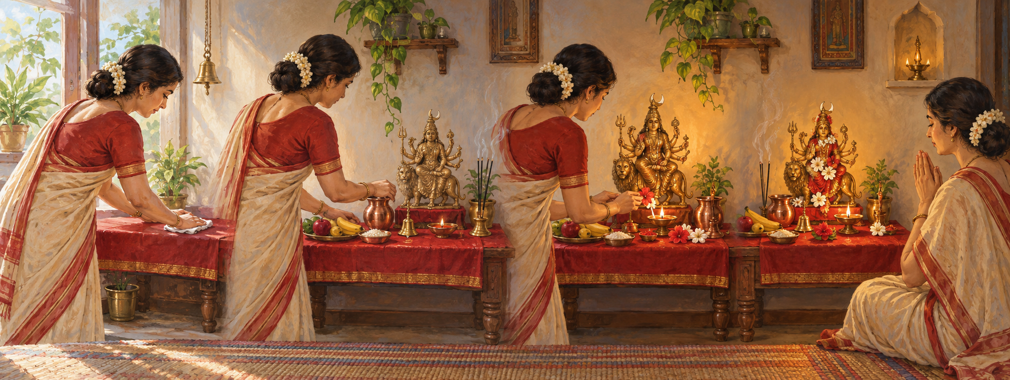 A continuous four-part home worship scene showing an altar being cleaned, arranged, lit, offered flowers, and approached in quiet prayer.