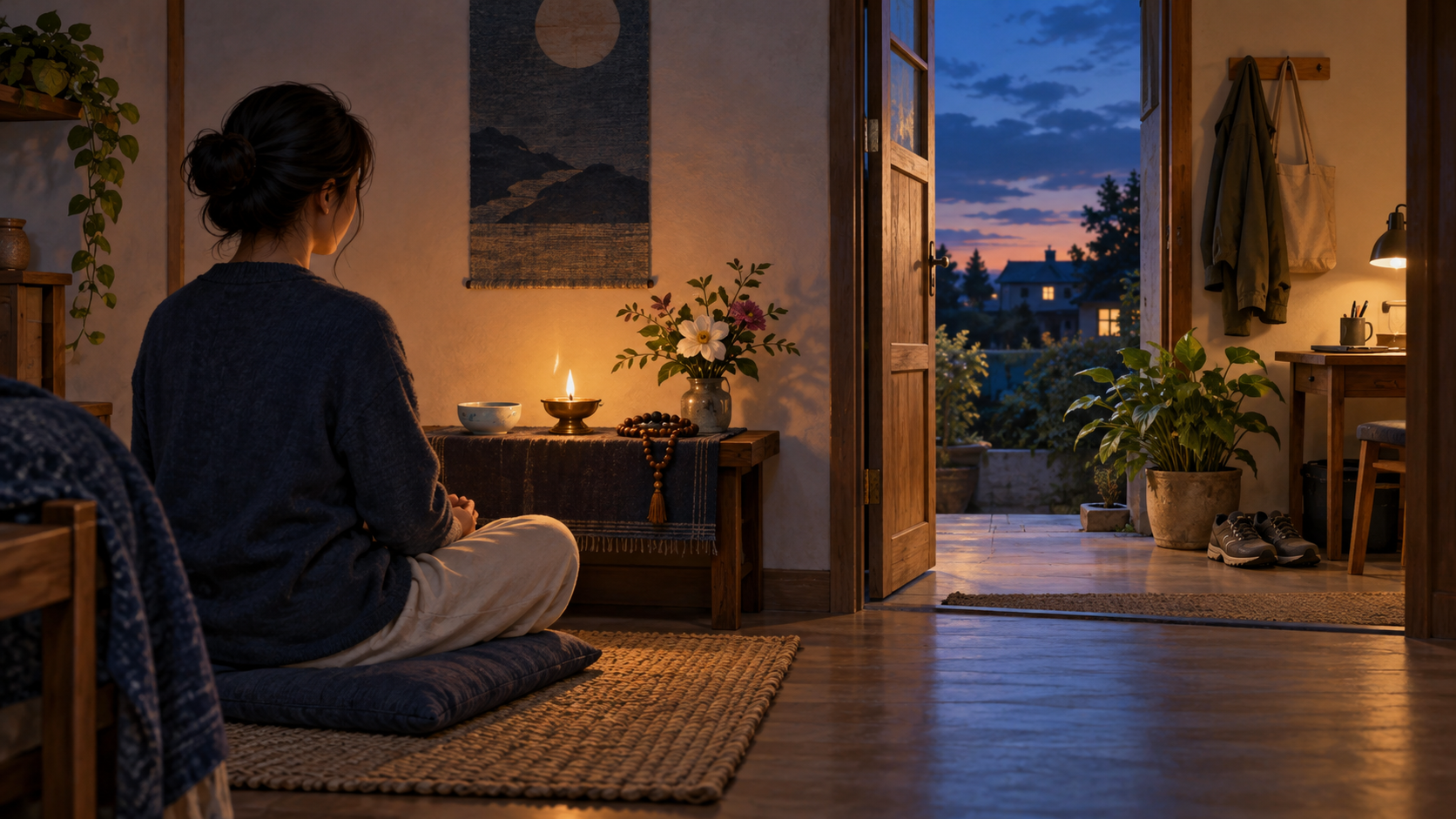 A person performs a modest lamp ritual beside an open doorway leading toward neatly arranged tools, shoes, and a growing plant.