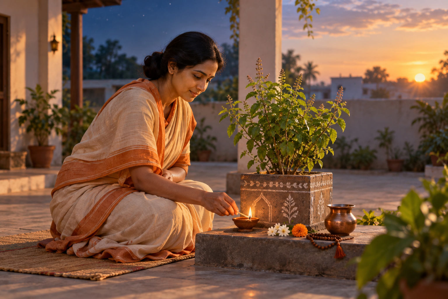 A person tends one clay lamp beside a tulsi plant with water, flowers, and prayer beads in a simple courtyard at dawn.