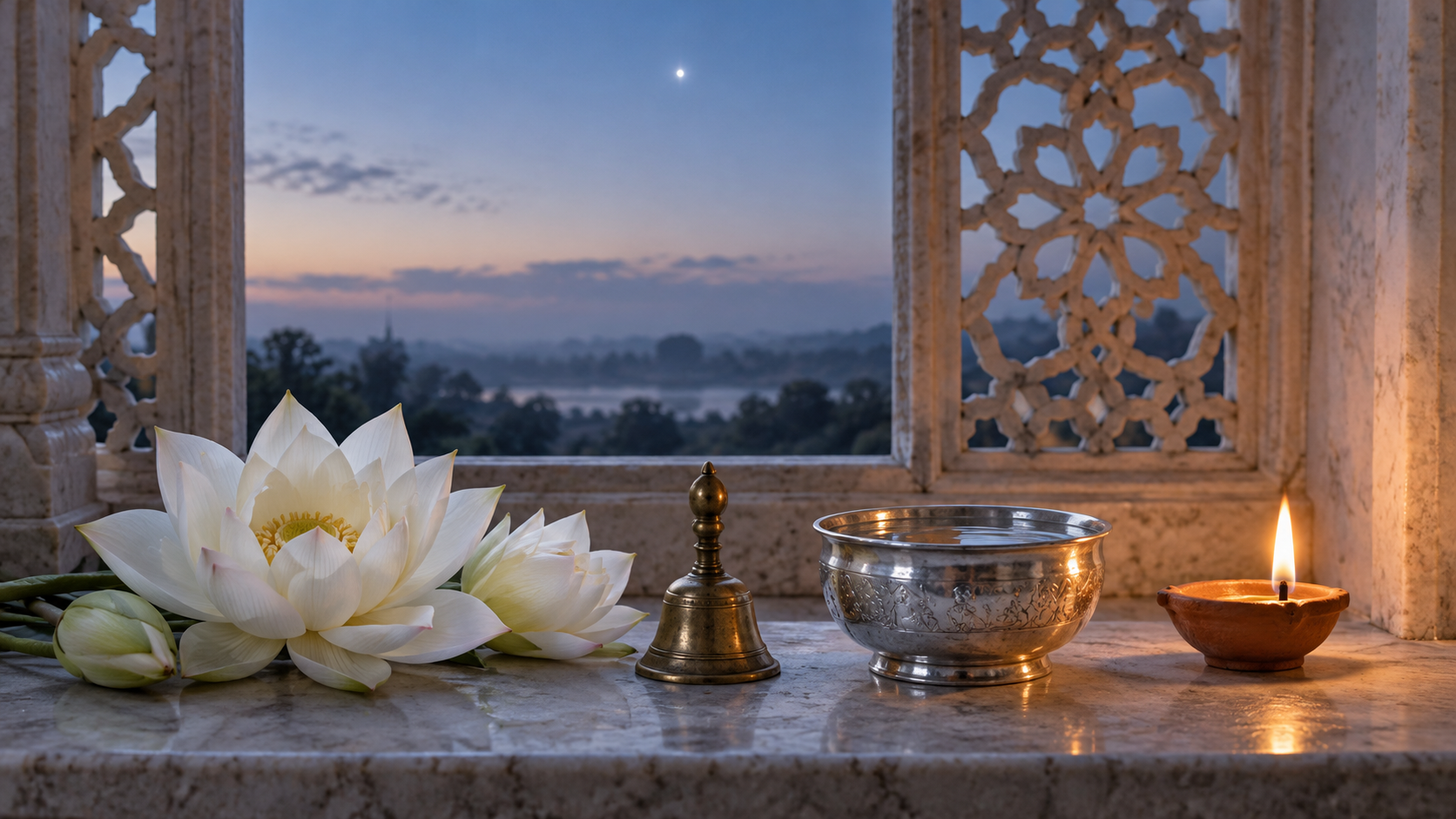 White lotus flowers, a brass bell, a water bowl, and a clay lamp beside a window with a bright point in the predawn sky.