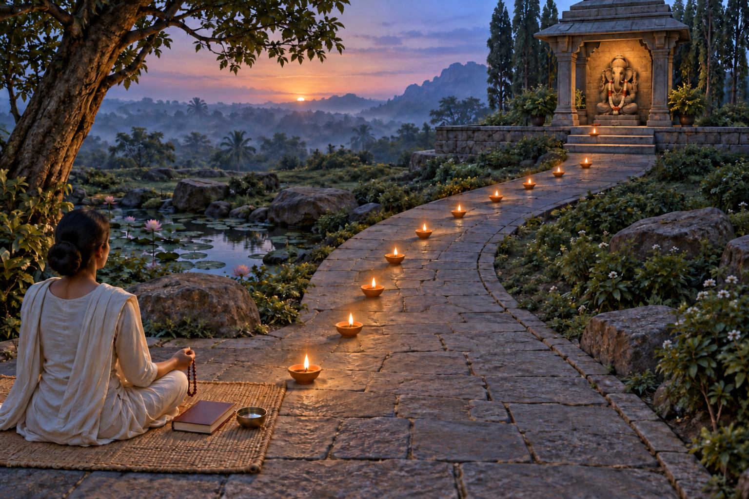 Eleven clay lamps line a curving garden path from a seated practitioner toward a small sheltered image of Ganesha at dawn.