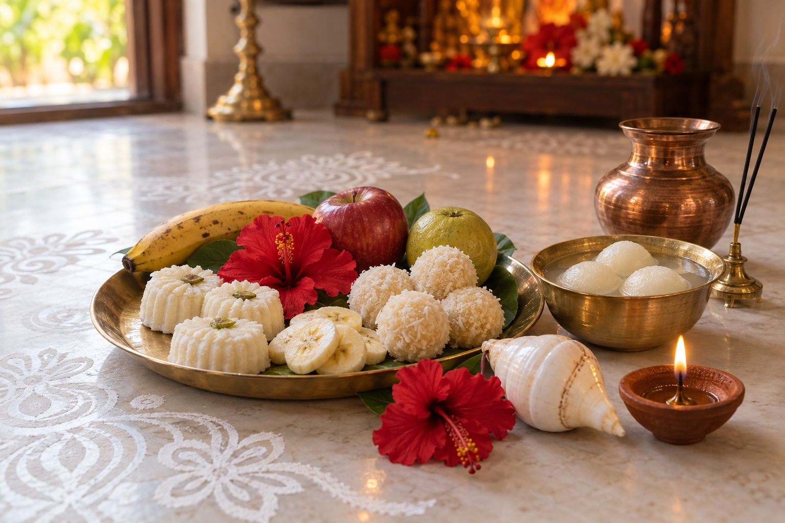 A brass offering plate with Bengali sweets, fruit, red hibiscus flowers, a clay lamp, a conch shell, and a copper water vessel before a household shrine.