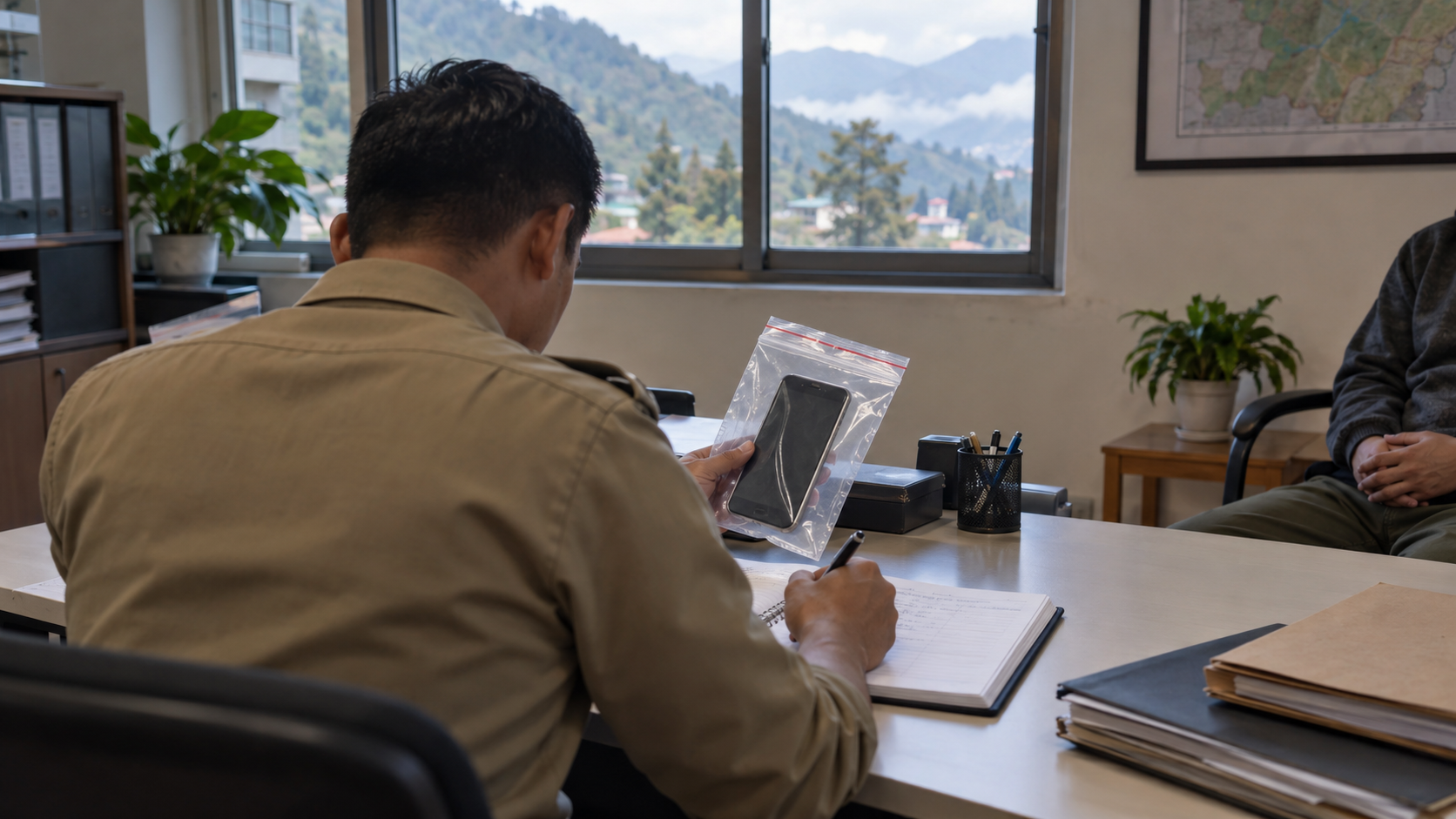 An officer records a sealed smartphone as evidence in a plain administrative office while another person sits across the room.