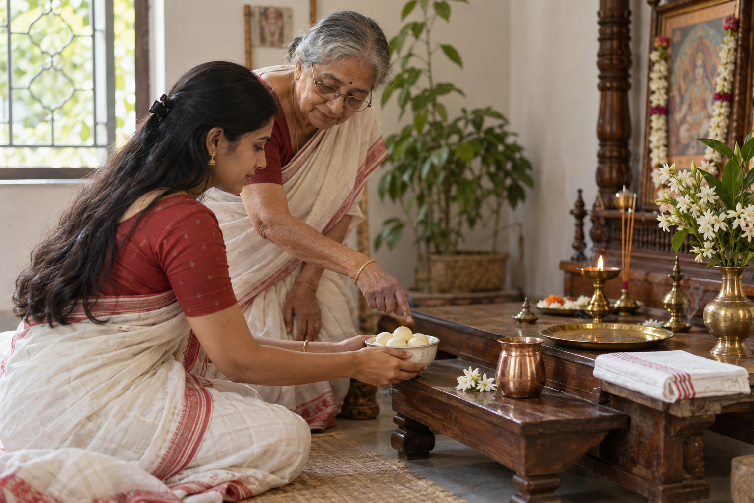 An older Bengali family member guides a younger adult as an untouched bowl of sweets is placed on a clean home-puja altar.