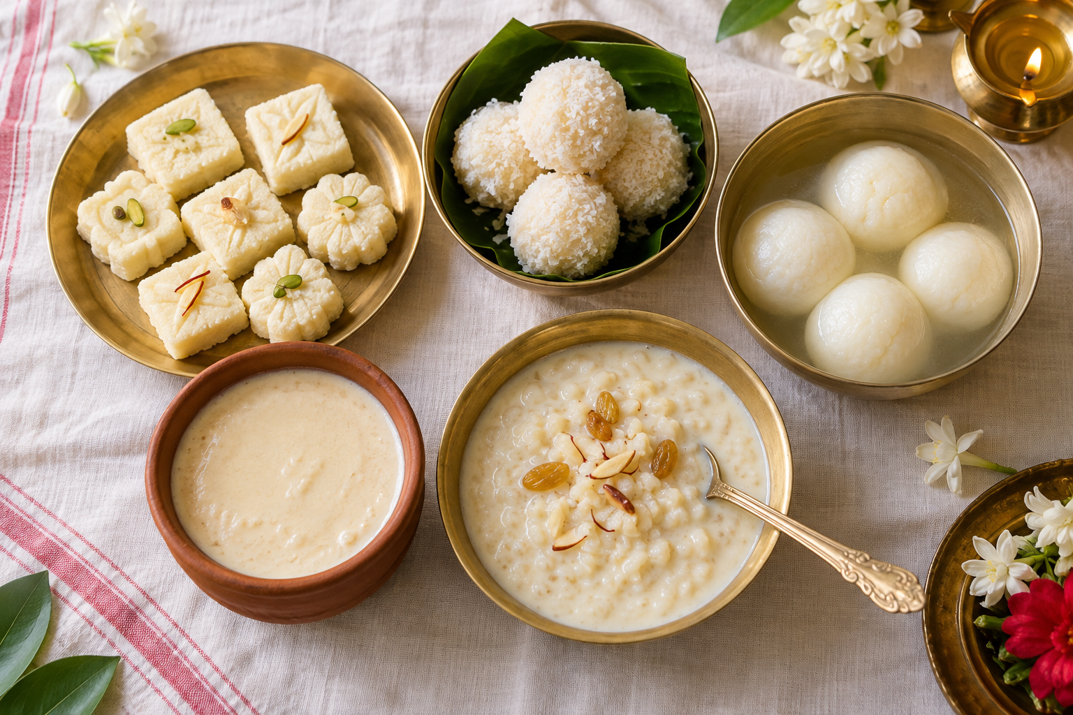 Separate clean servings of sandesh, coconut naru, rasgulla, mishti doi, and payesh arranged in bowls and on a brass plate.