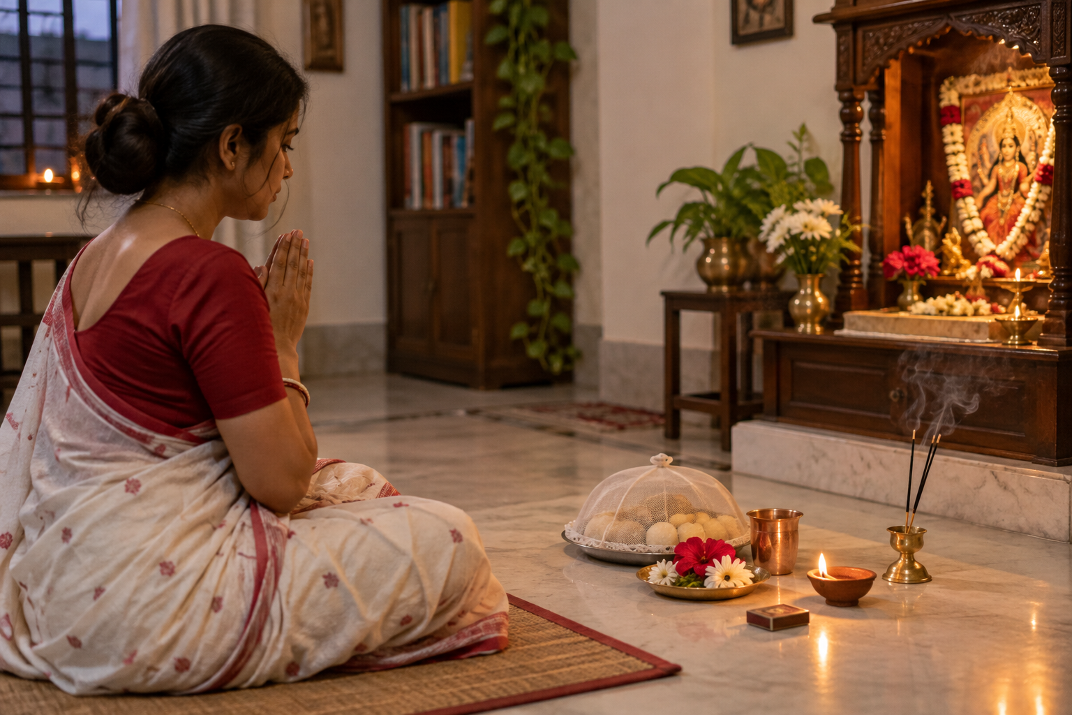 A worshipper prays before a clean home altar with a covered plate of sweets, water, flowers, incense, and a lit clay lamp.