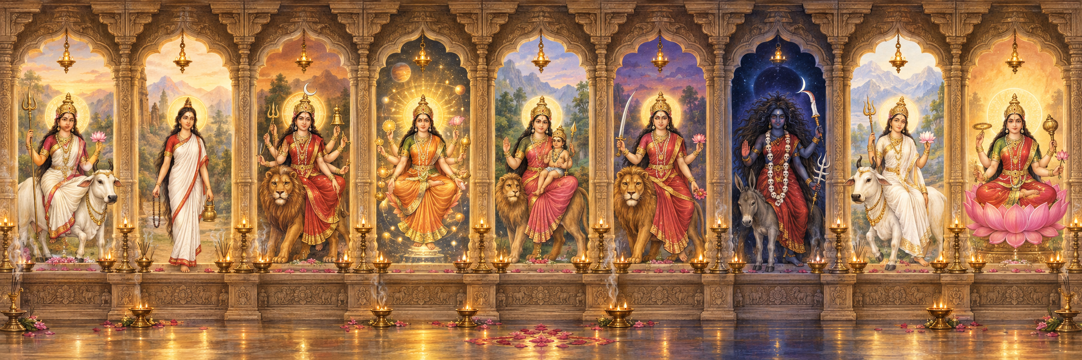 The nine forms of Navadurga appear in sequence in separate temple niches, accompanied by symbolic objects and mounts including a bull, lions, a donkey and a lotus.