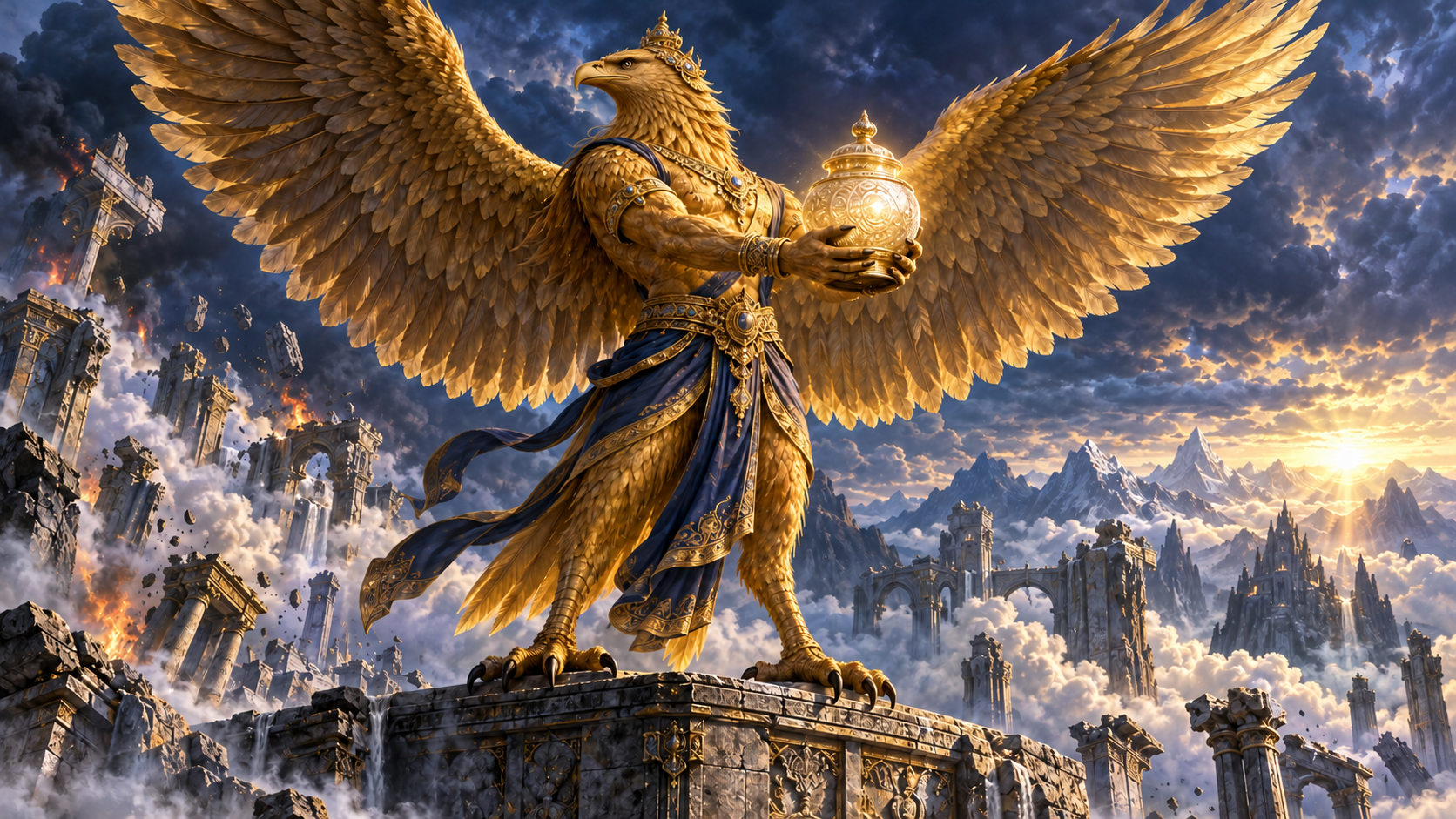 Garuda holds a glowing lidded vessel of Amrita at arm's length while turning his beak away from it above stormy mountain clouds.