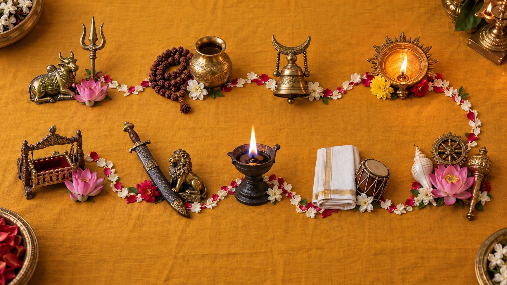 Nine ordered groupings of Navadurga symbols are arranged on ochre cloth, including a trident, lotus, prayer beads, water pot, bell, lamps, cradle, sword, white cloth, conch and discus.