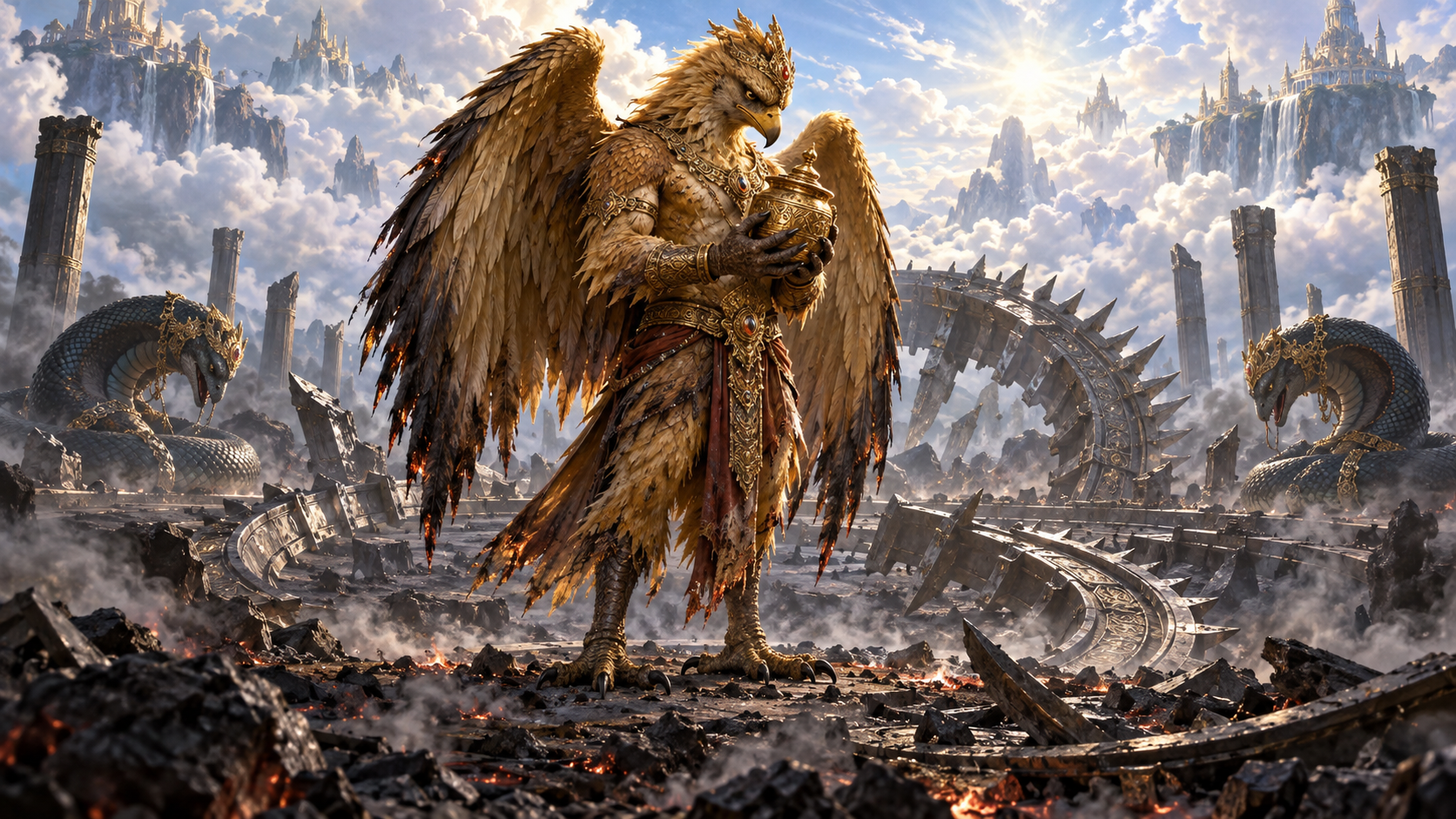 A battle-worn Garuda calmly holds the sealed Amrita vessel amid extinguished fire and broken celestial defenses.