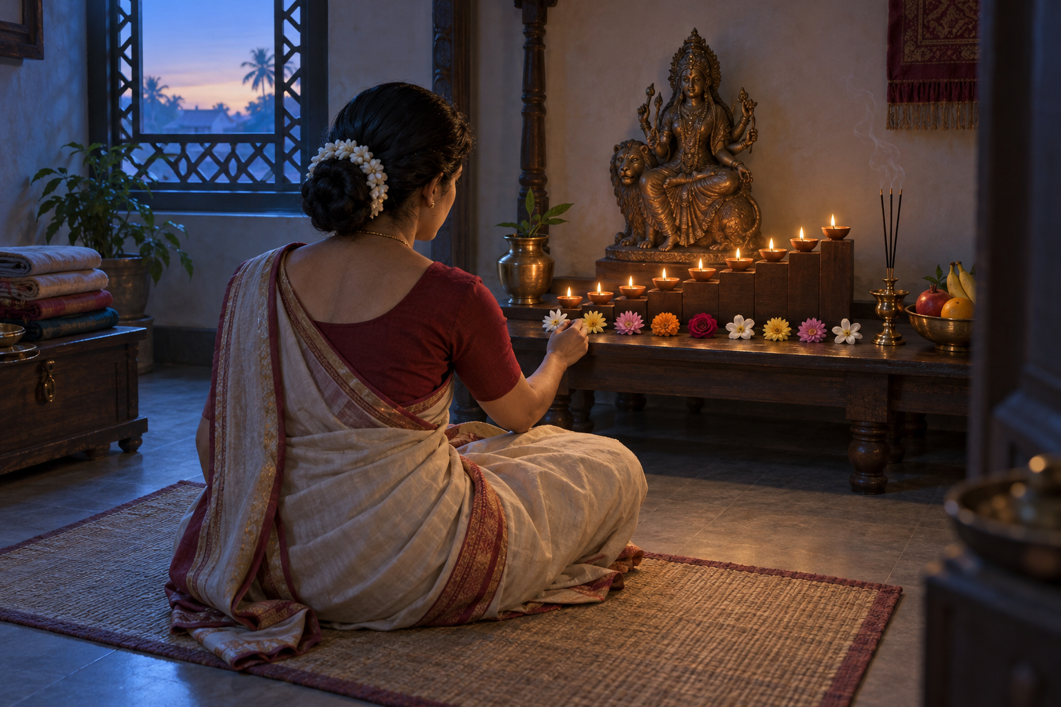 A devotee places a flower before a simple household shrine where nine clay lamps and nine offerings are arranged in an orderly line at dawn.