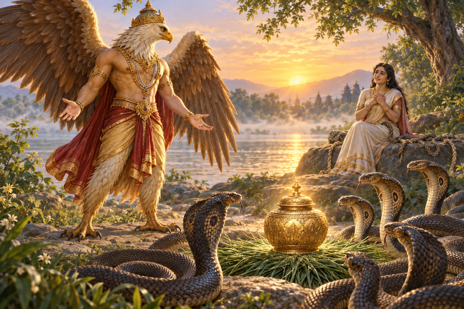 Garuda steps back with open hands after placing the unopened Amrita vessel on kusha grass, with serpents nearby and Vinata beyond him.