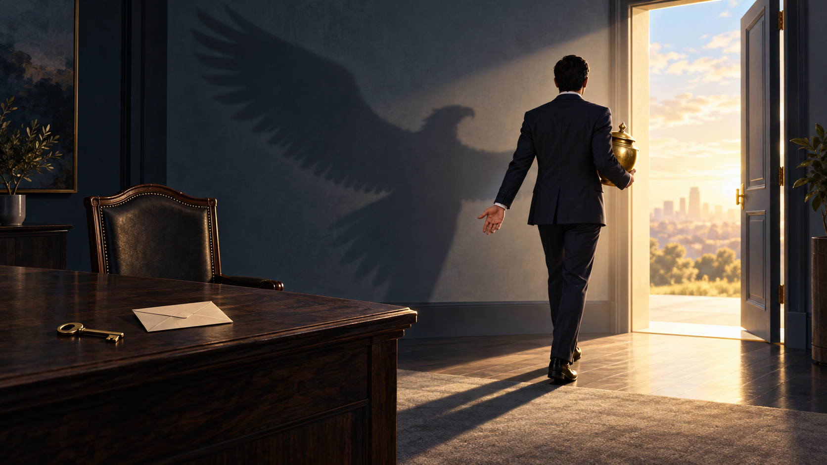 A person carries a sealed golden vessel toward a bright doorway while an eagle-wing-shaped shadow stretches across the wall behind them.