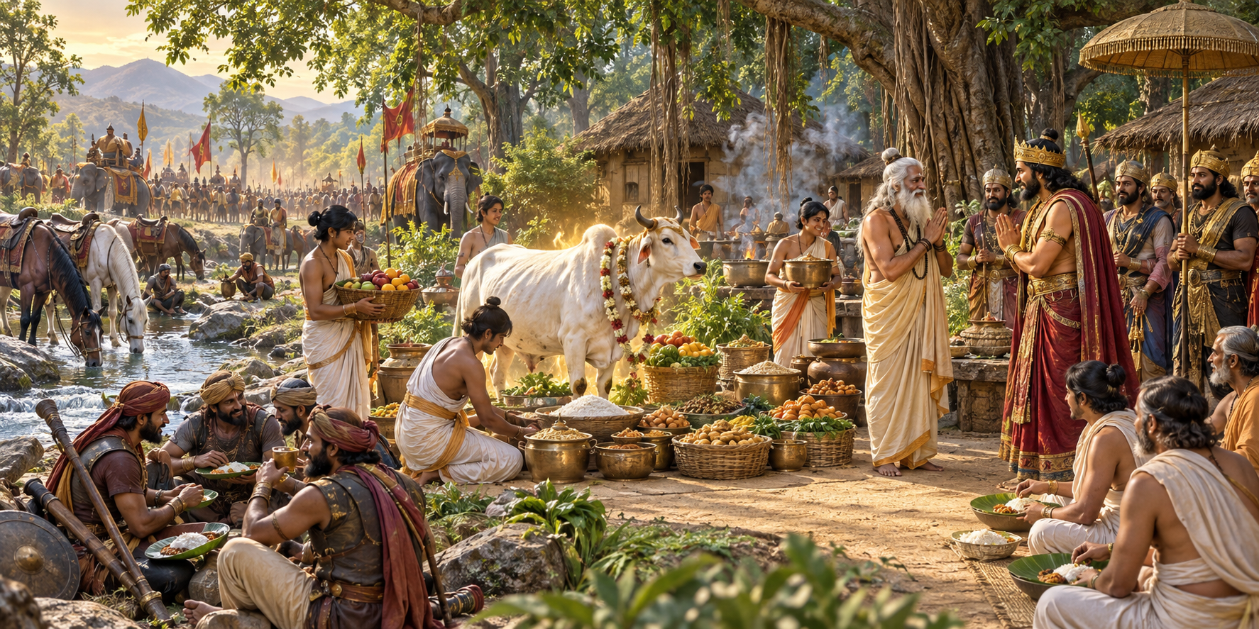 Vasistha welcomes Visvamitra and his retinue at a forest hermitage while Sabala stands near abundant food prepared for the guests.