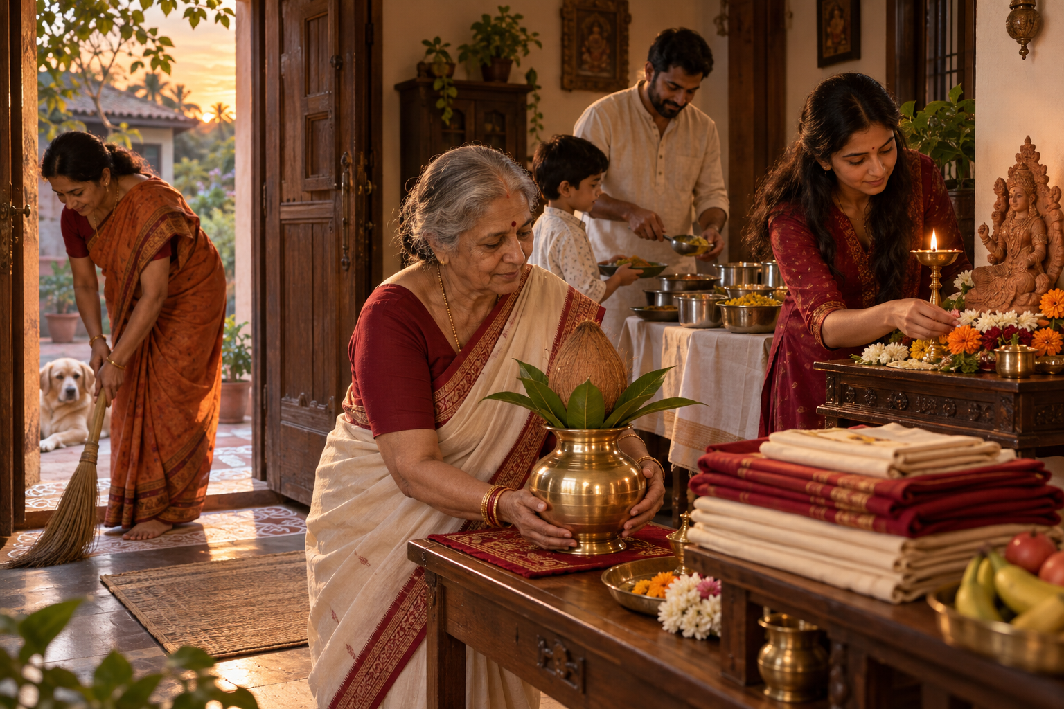 Family members clean a home, arrange flowers, prepare food and place a brass kalash near a small Goddess shrine in preparation for worship.