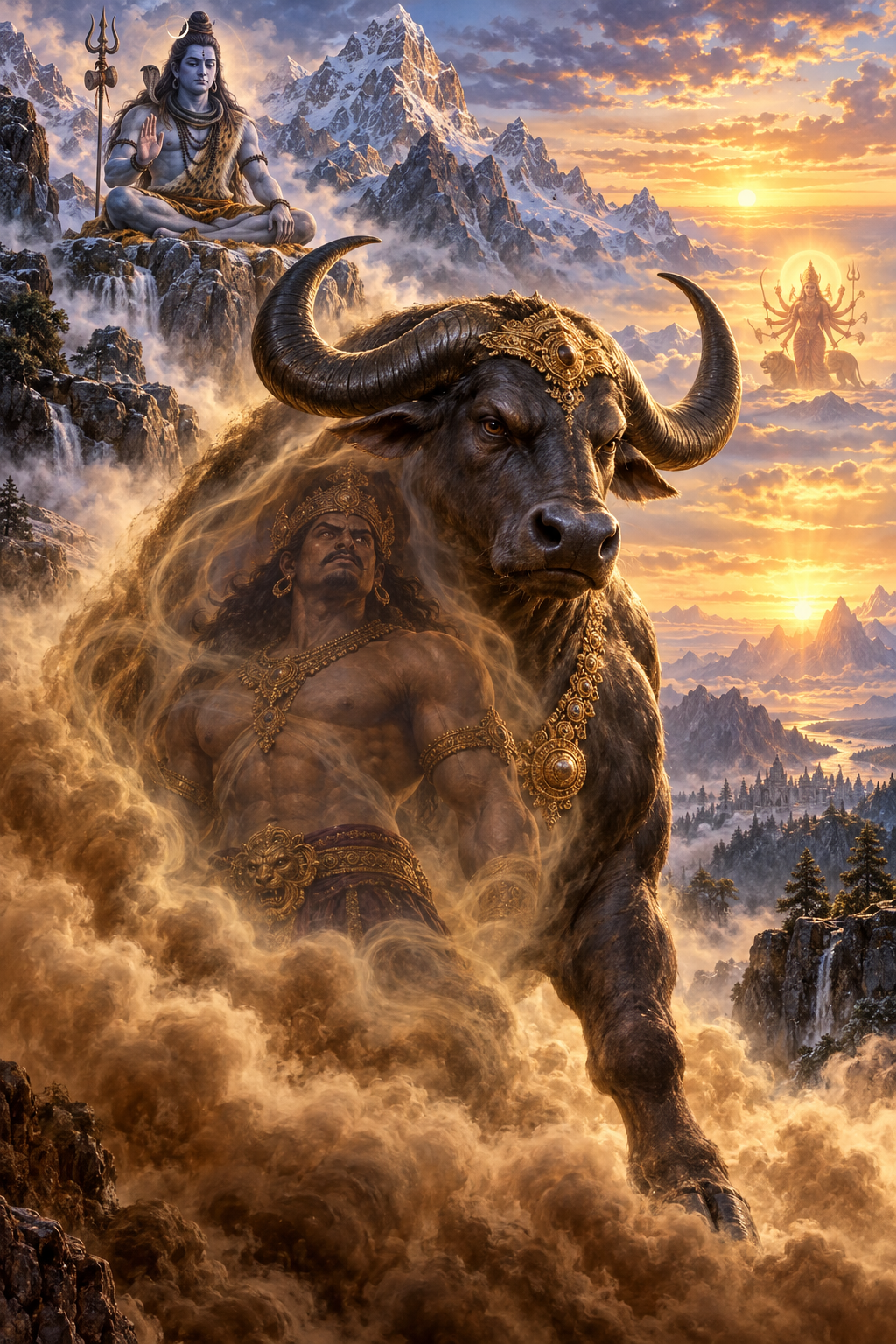 Mahishasura emerges in buffalo form from golden mist beneath Shiva, while Durga appears on the distant horizon.