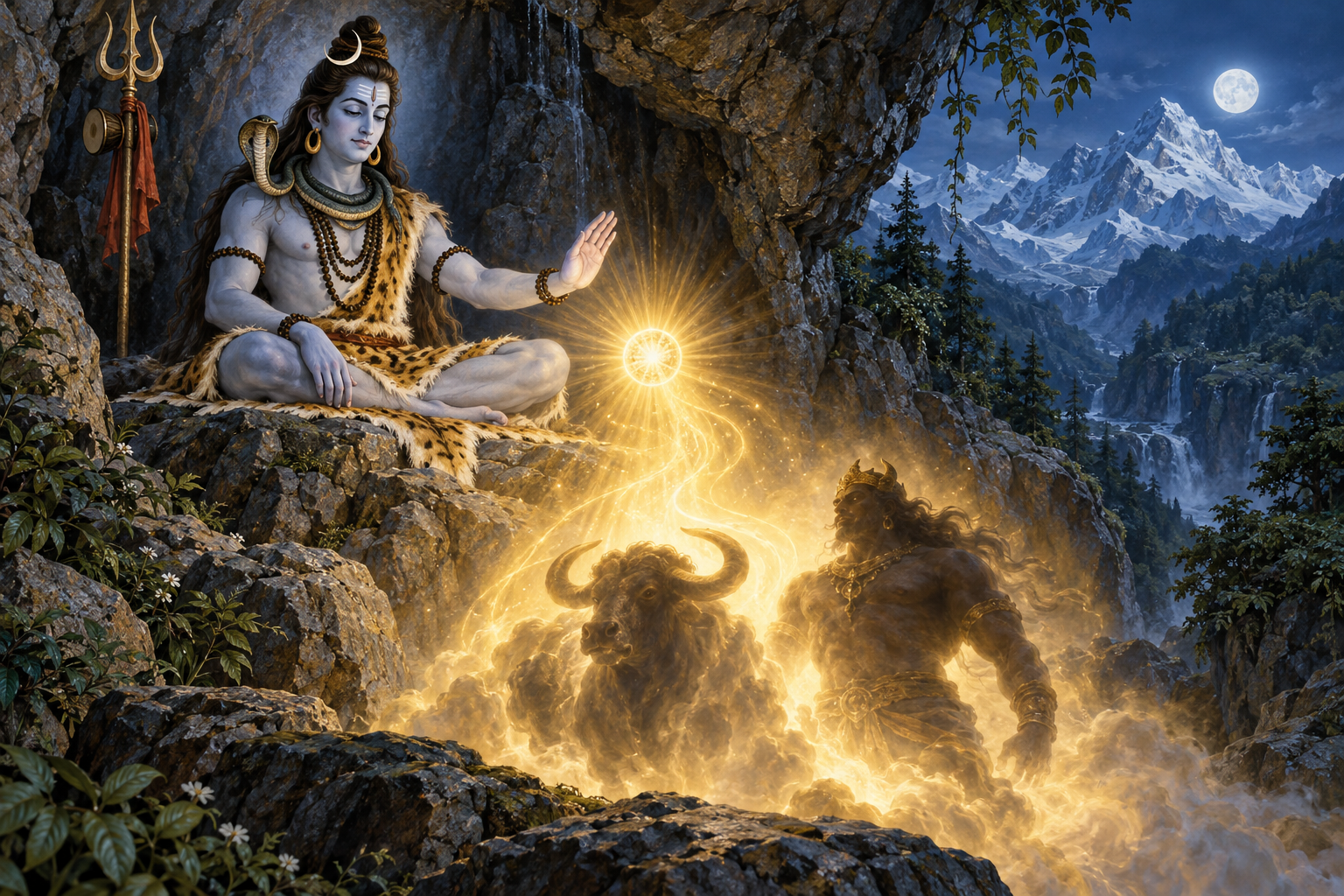Shiva grants a luminous boon as the forms of a buffalo and an asura begin to emerge below him.