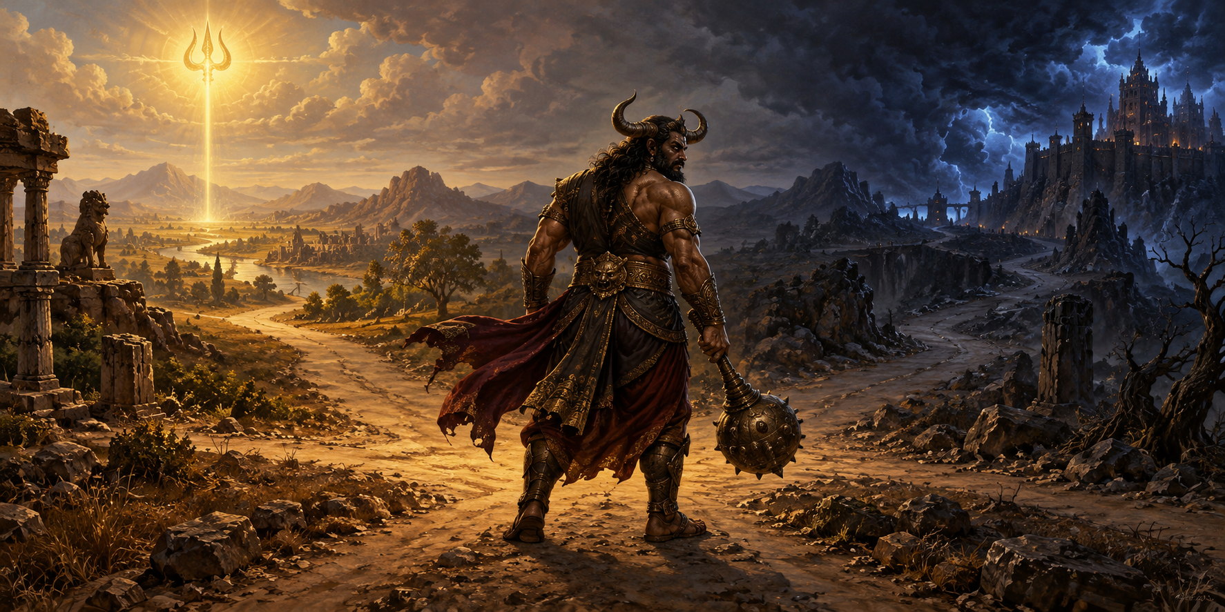 A horned Mahishasura stands at a dark crossroads while neutral golden light shines behind him.