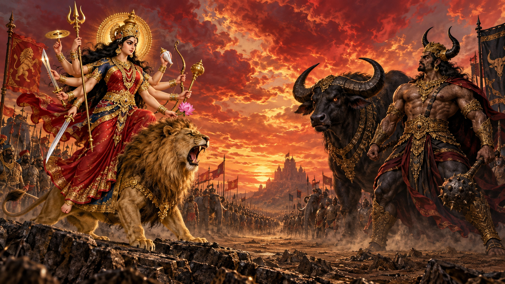 Durga stands with her lion opposite Mahishasura, who is shown between buffalo and horned asura forms.