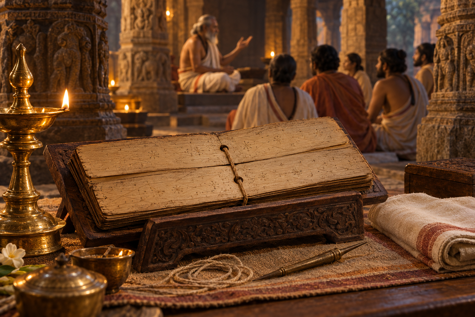 A palm-leaf manuscript and oil lamp sit before a storyteller speaking to listeners in a pillared room.