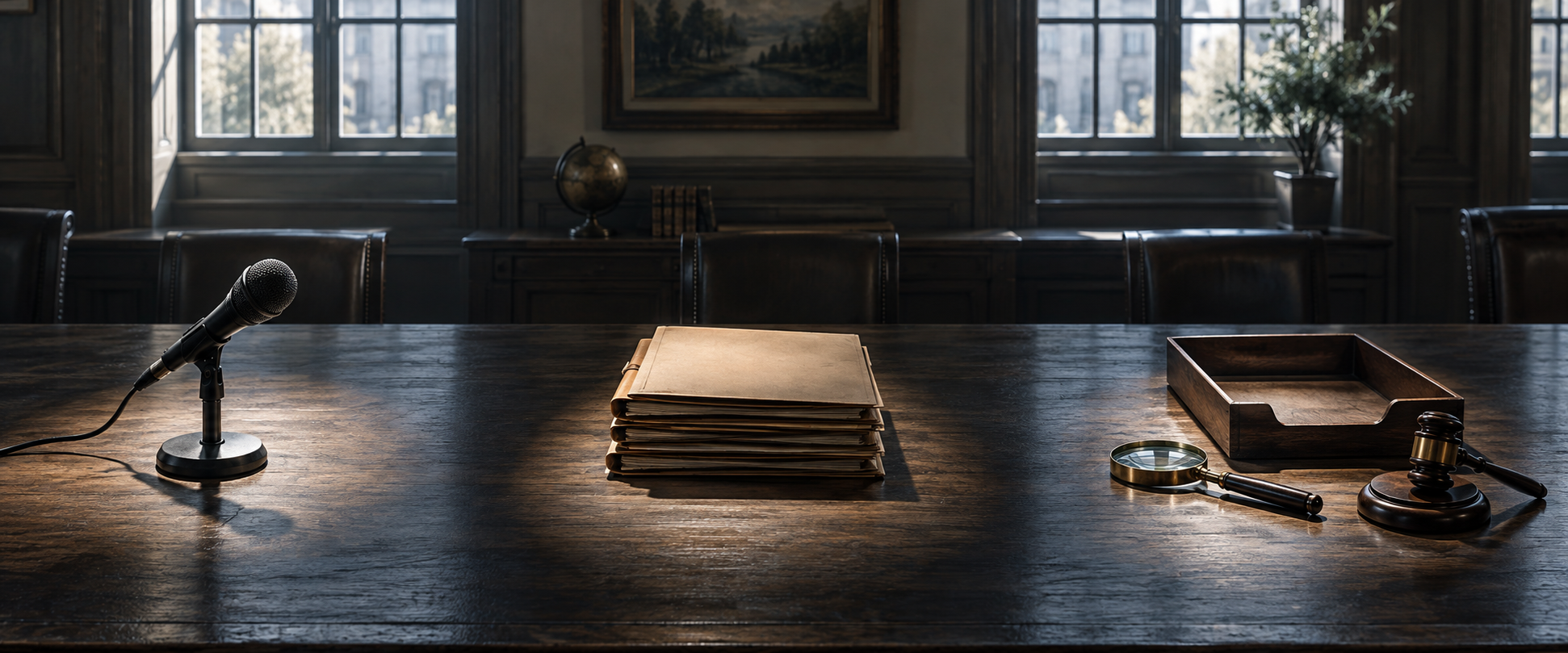 Three separate groups on a wooden table show a microphone, closed complaint folders, and a magnifying glass with an evidence tray and gavel.