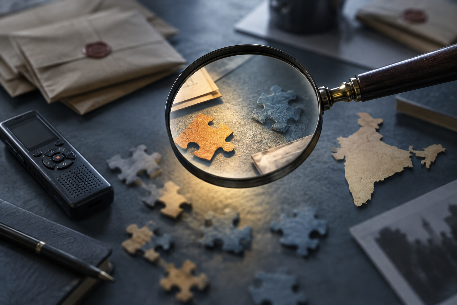 A magnifying lens focuses on part of a table holding an audio recorder, sealed envelopes, an unlabeled India-shaped map, and disconnected puzzle pieces.