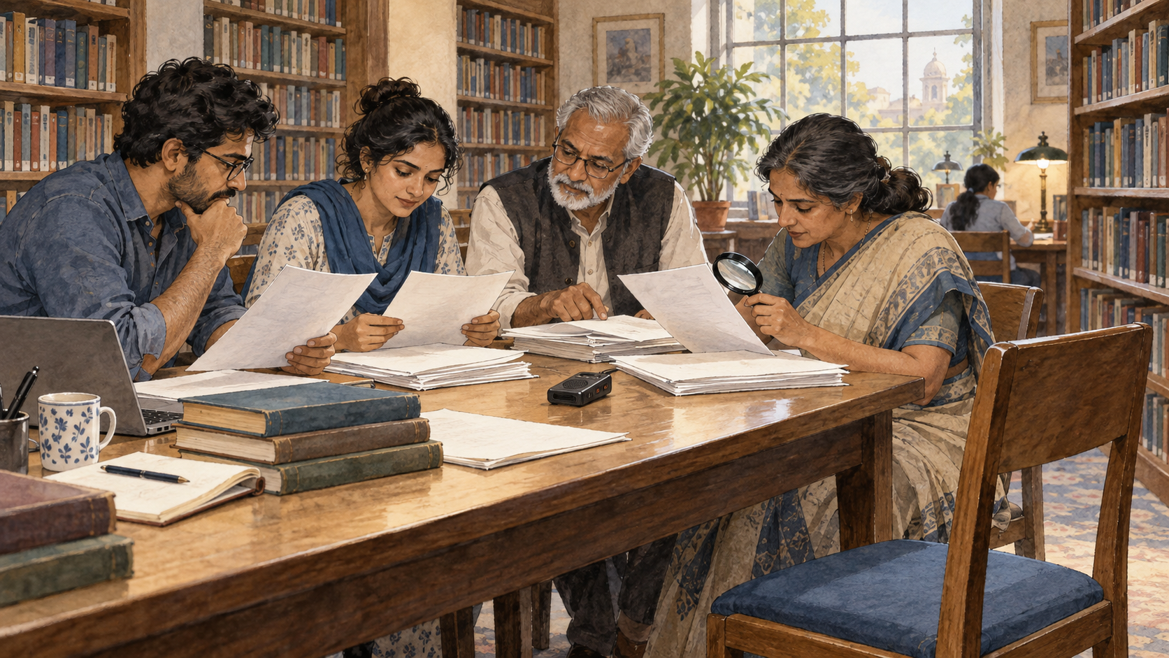 A group of adults in a library calmly reviews documents and an audio recorder around a table while one person uses a magnifying glass.