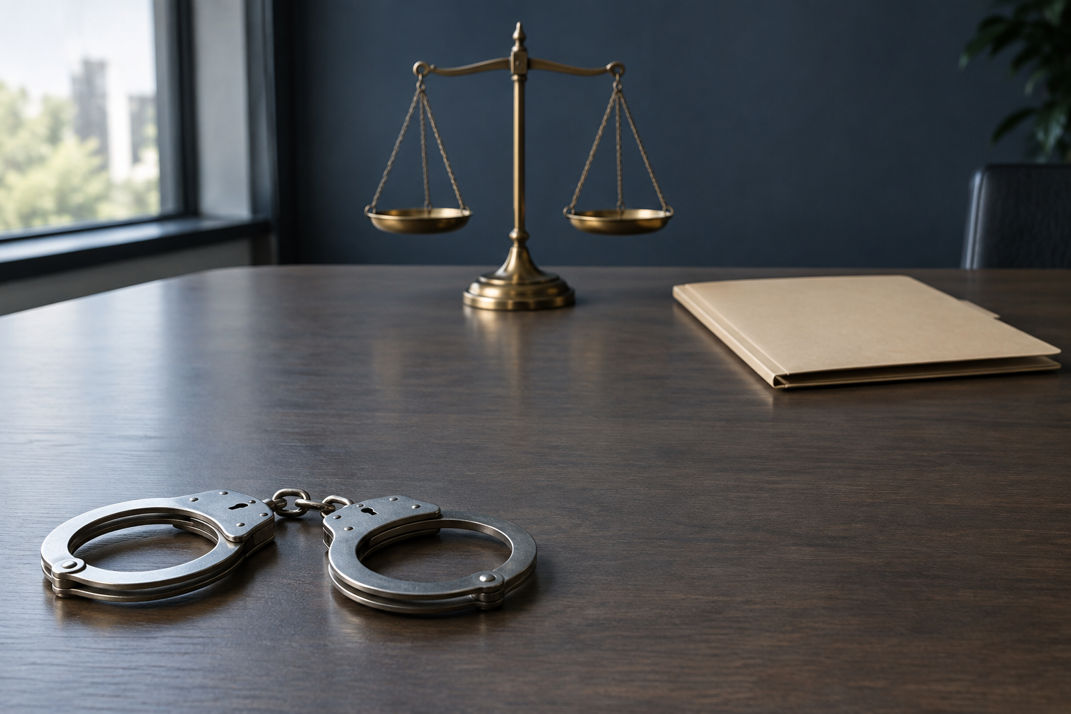 Closed handcuffs lie apart from balanced justice scales and an unopened legal file on a table.