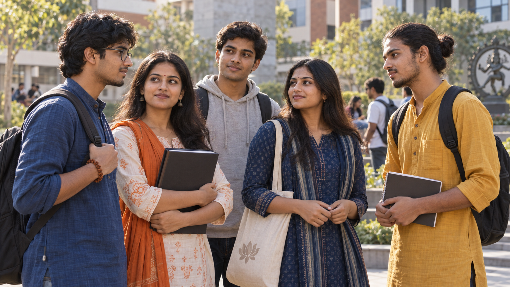 A group of Hindu university students stands together in a campus courtyard, with one holding a folder and others wearing subtle Hindu cultural symbols.