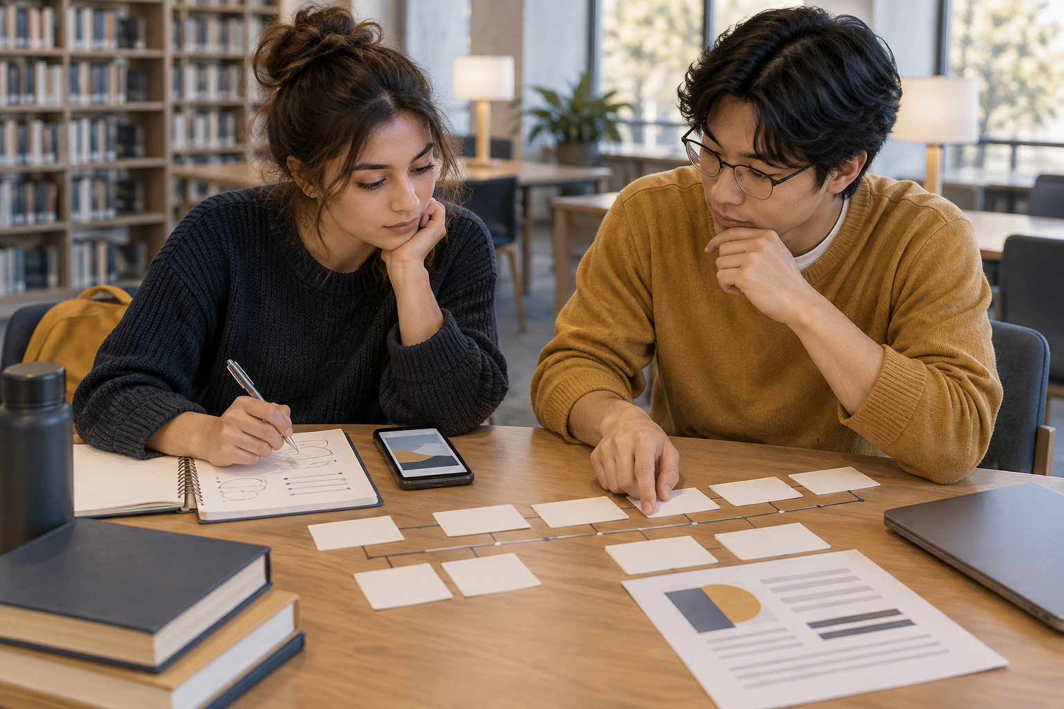 Two students review a phone, notes, and course materials at a library table while reconstructing the sequence of a campus incident.