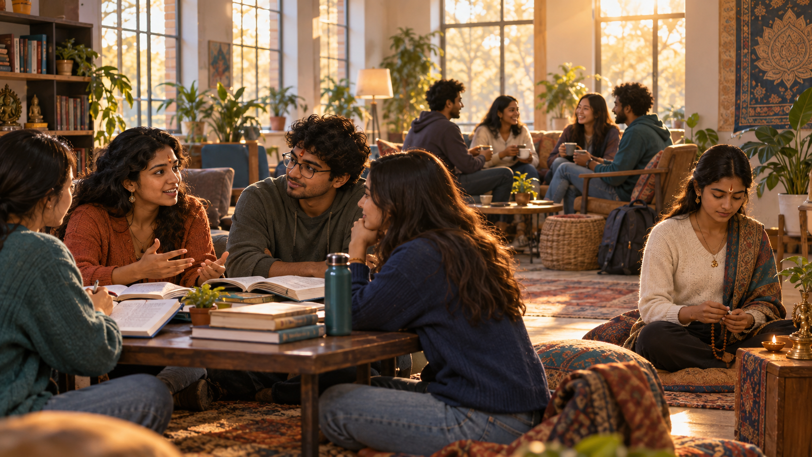 Hindu students study together, sit in quiet practice near a small lamp, and share conversation in a campus community room.