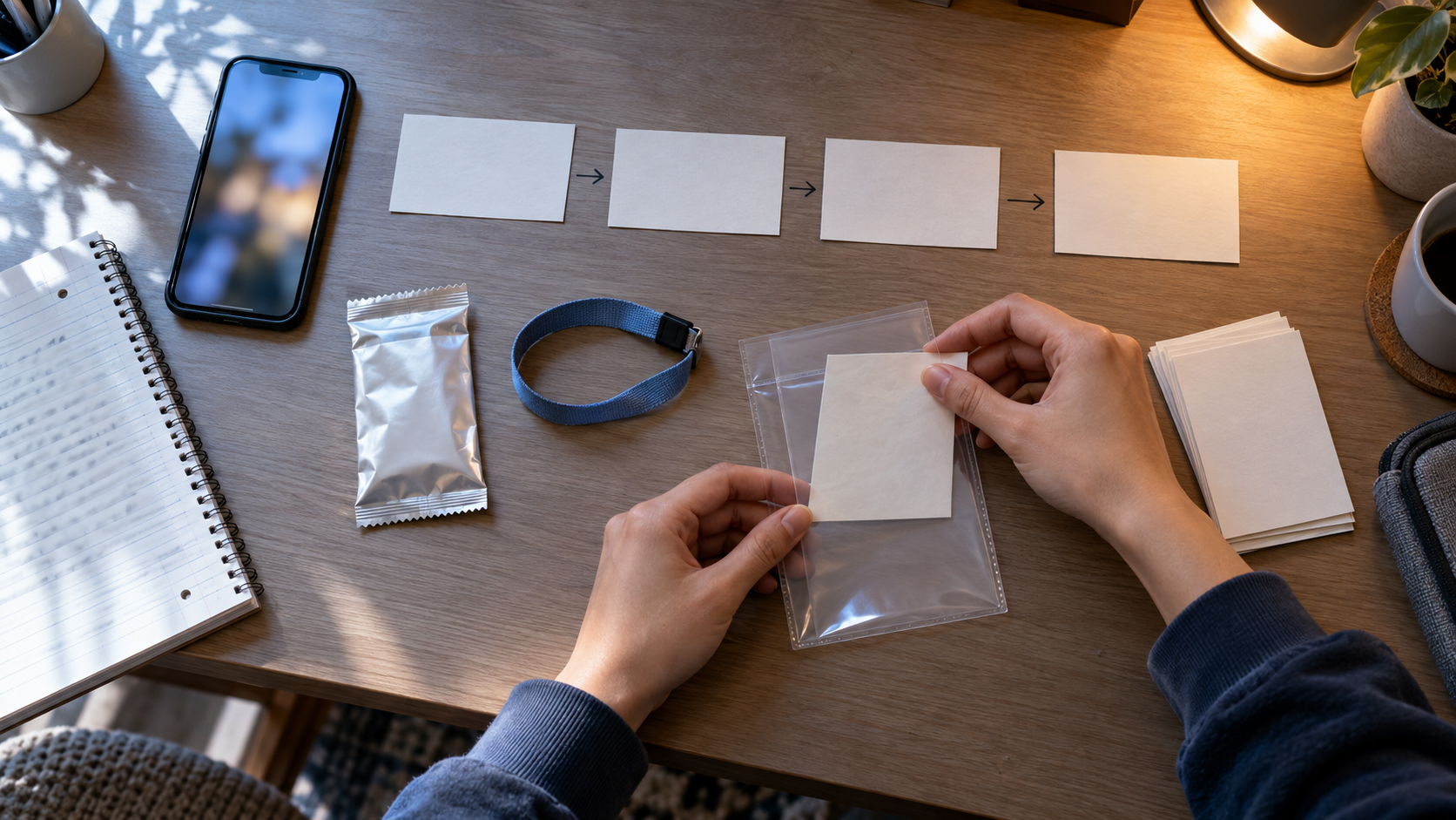 A student organizes a phone, notebook, food wrapper, event wristband, and blank index cards as evidence on a desk.