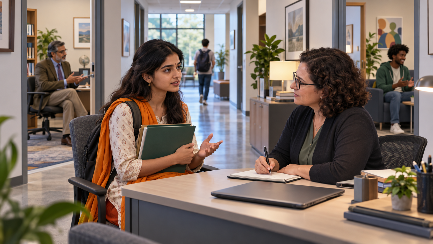 A Hindu student with an organized folder speaks to a university support officer while other campus decision-makers are visible in nearby offices.