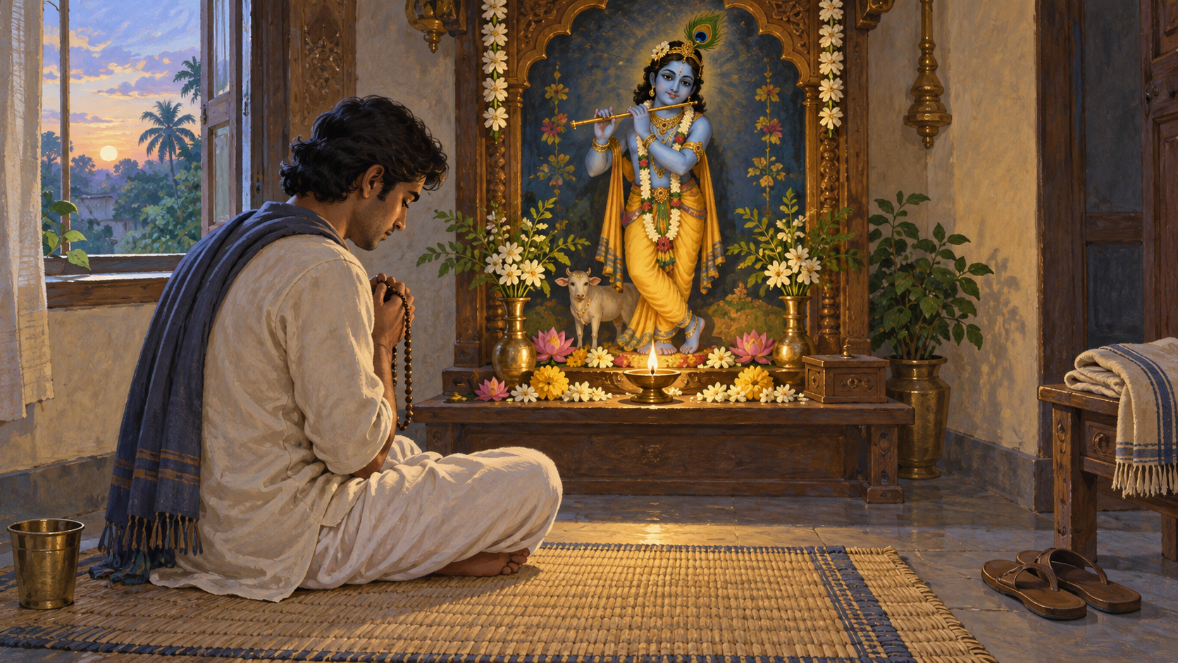 A devotee sits with prayer beads before a flower-decorated home shrine of Krishna illuminated by dawn light and an oil lamp.