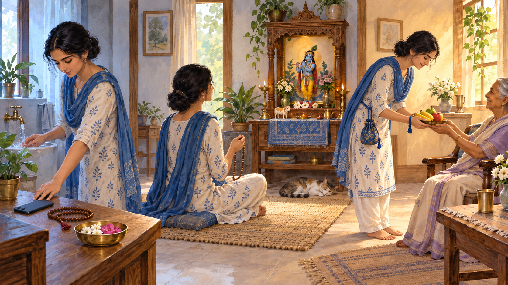 A devotee prepares for chanting, prays before a Krishna shrine, and then carries fruit to an elderly family member.