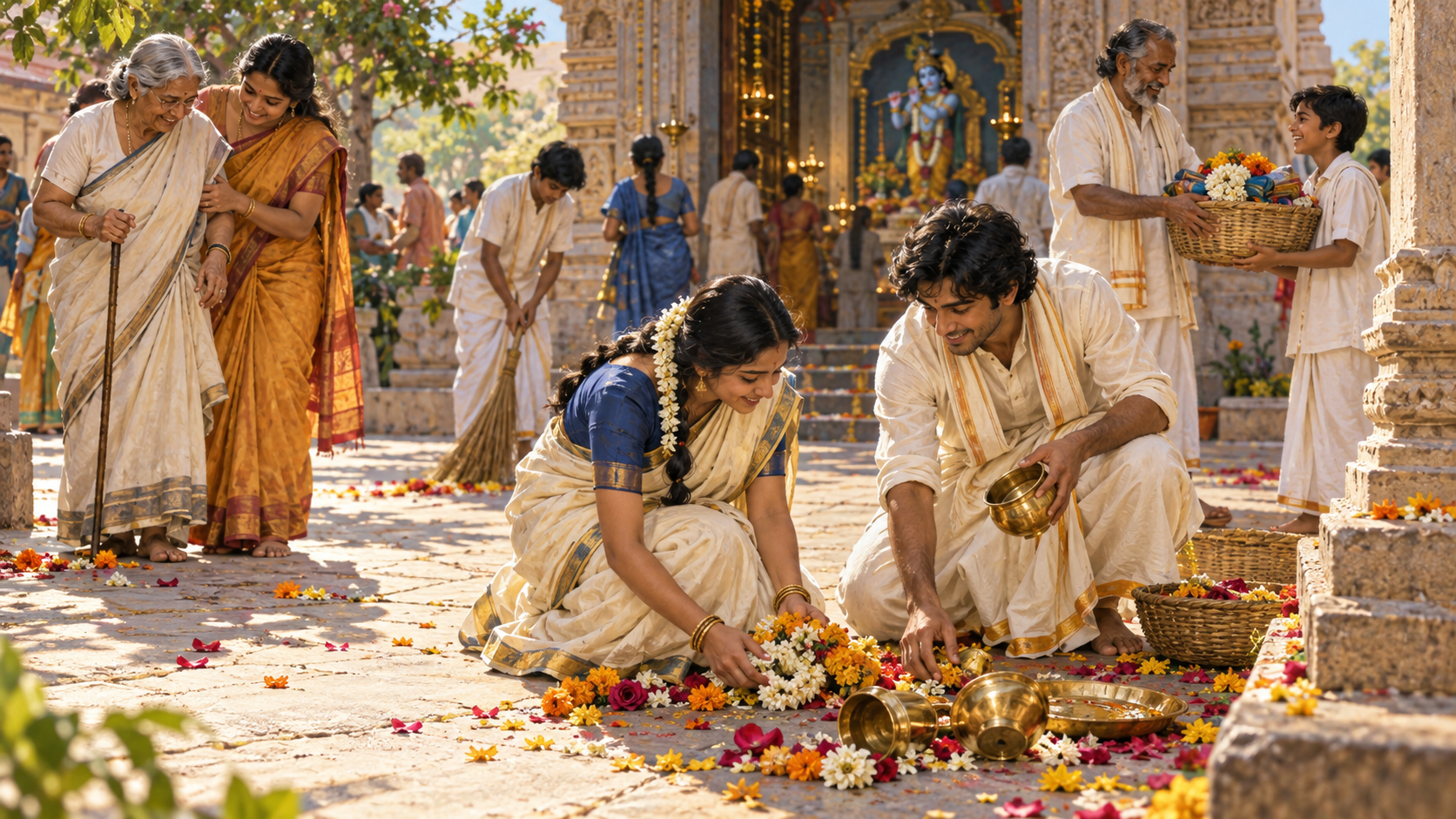 Devotees help one another gather flower garlands and offering vessels in a sunlit temple courtyard.