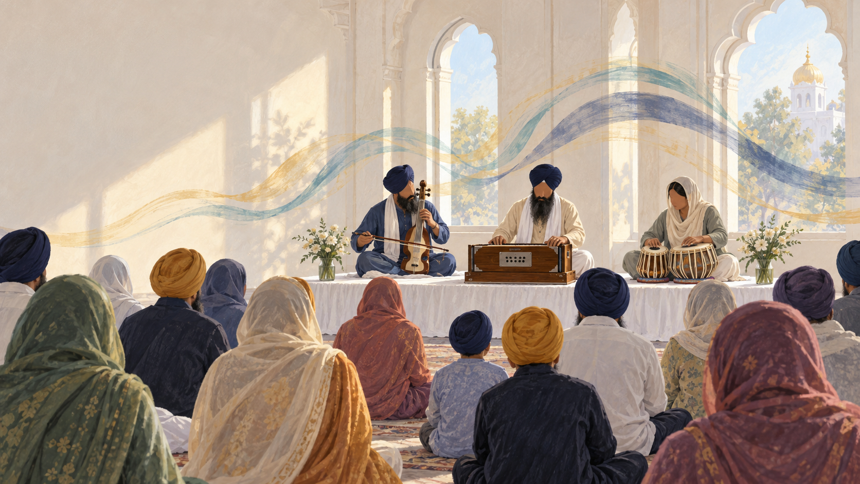 A Sikh kirtan ensemble sings and plays harmonium, a bowed string instrument, and tabla while covered listeners sit in a softly lit gurdwara hall.