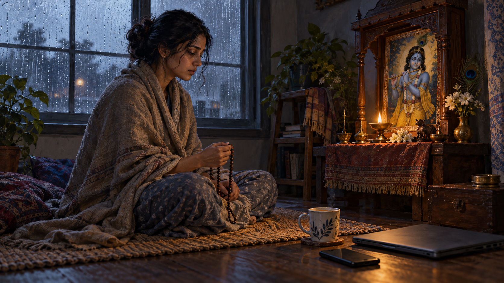 A tired devotee chants with prayer beads before a small Krishna shrine while rain falls outside a dim room.