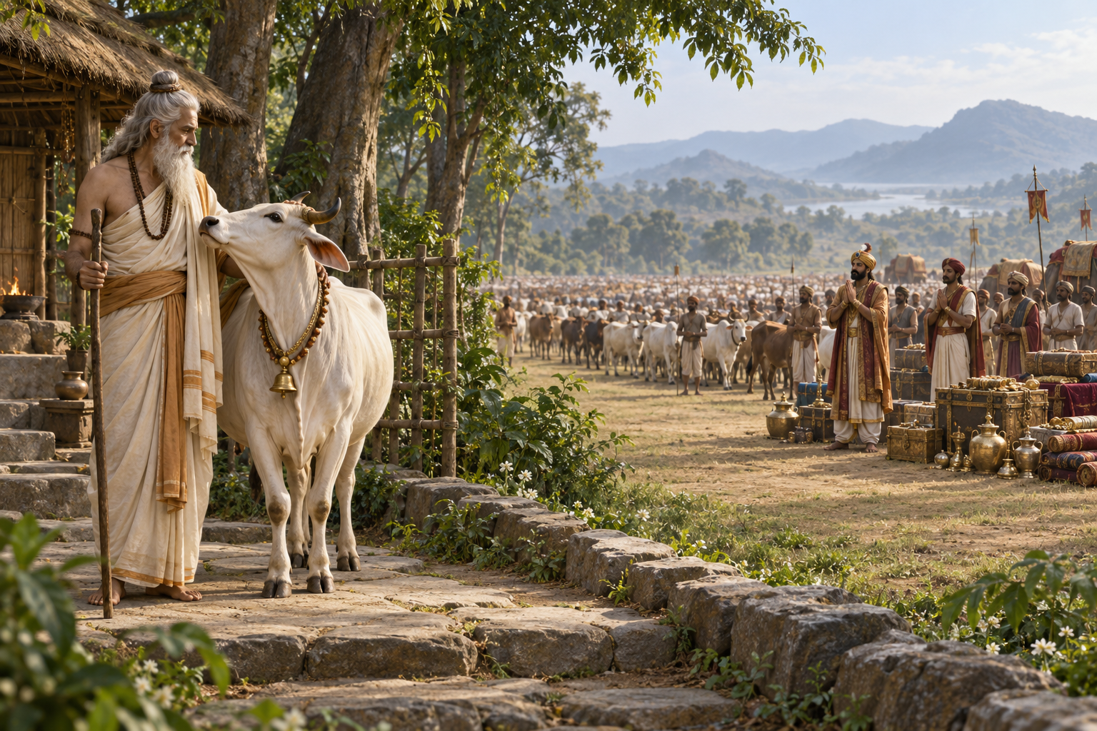 Sabala remains beside Vasistha as royal envoys offer treasure and an immense herd of cattle in the distance.