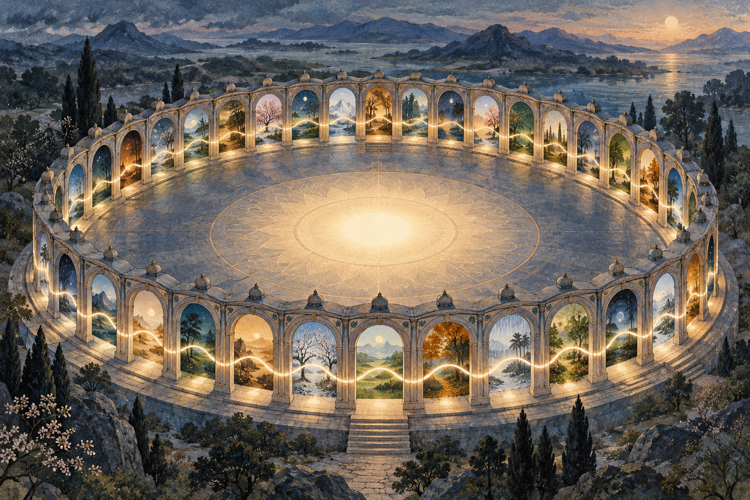 An abstract circular pavilion has 31 differently colored arched alcoves connected by a continuous ribbon of light around an open center.