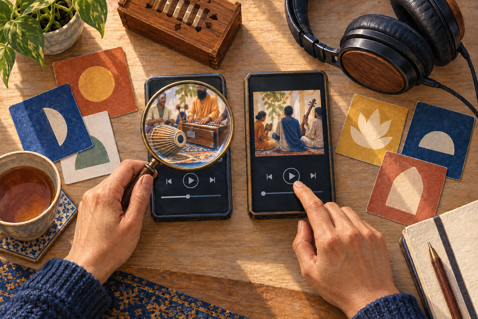 Hands compare two unbranded kirtan recordings beside headphones, a magnifying glass, a tuning box, and color-coded source cards.