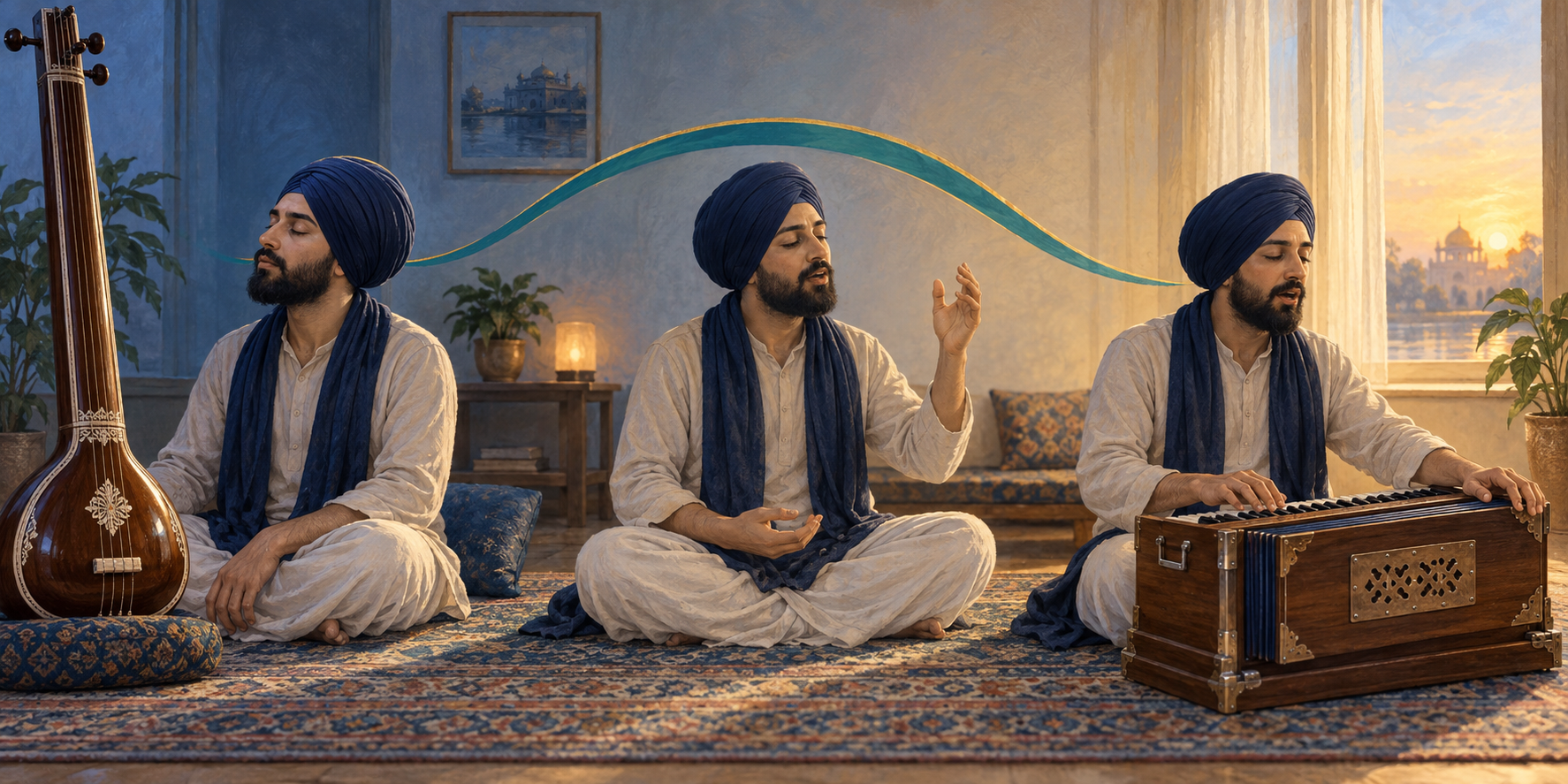 The same Sikh learner appears in three moments, listening to a tanpura, tracing a vocal phrase, and singing while playing harmonium.
