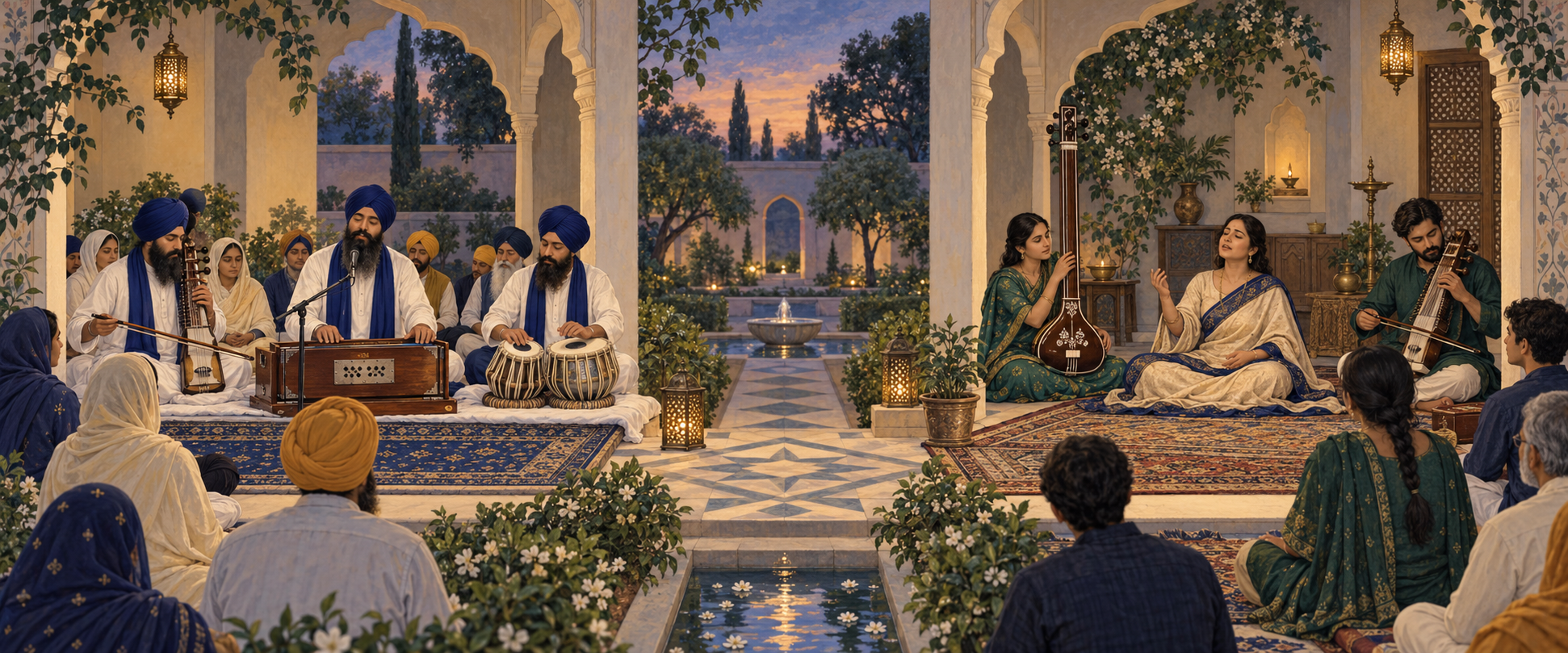 Two distinct music circles share a courtyard: Sikh musicians perform shabad kirtan in one bay while Hindustani classical musicians practice in another.