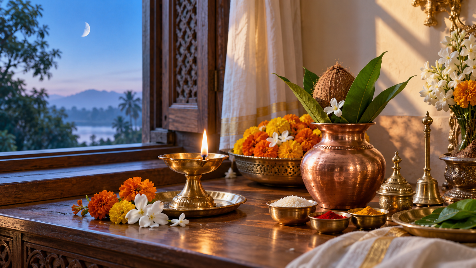 A brass oil lamp, copper vessel, marigolds, jasmine, sacred leaves, rice, and puja utensils arranged beside a window as cool dawn light changes to warm morning sunlight.