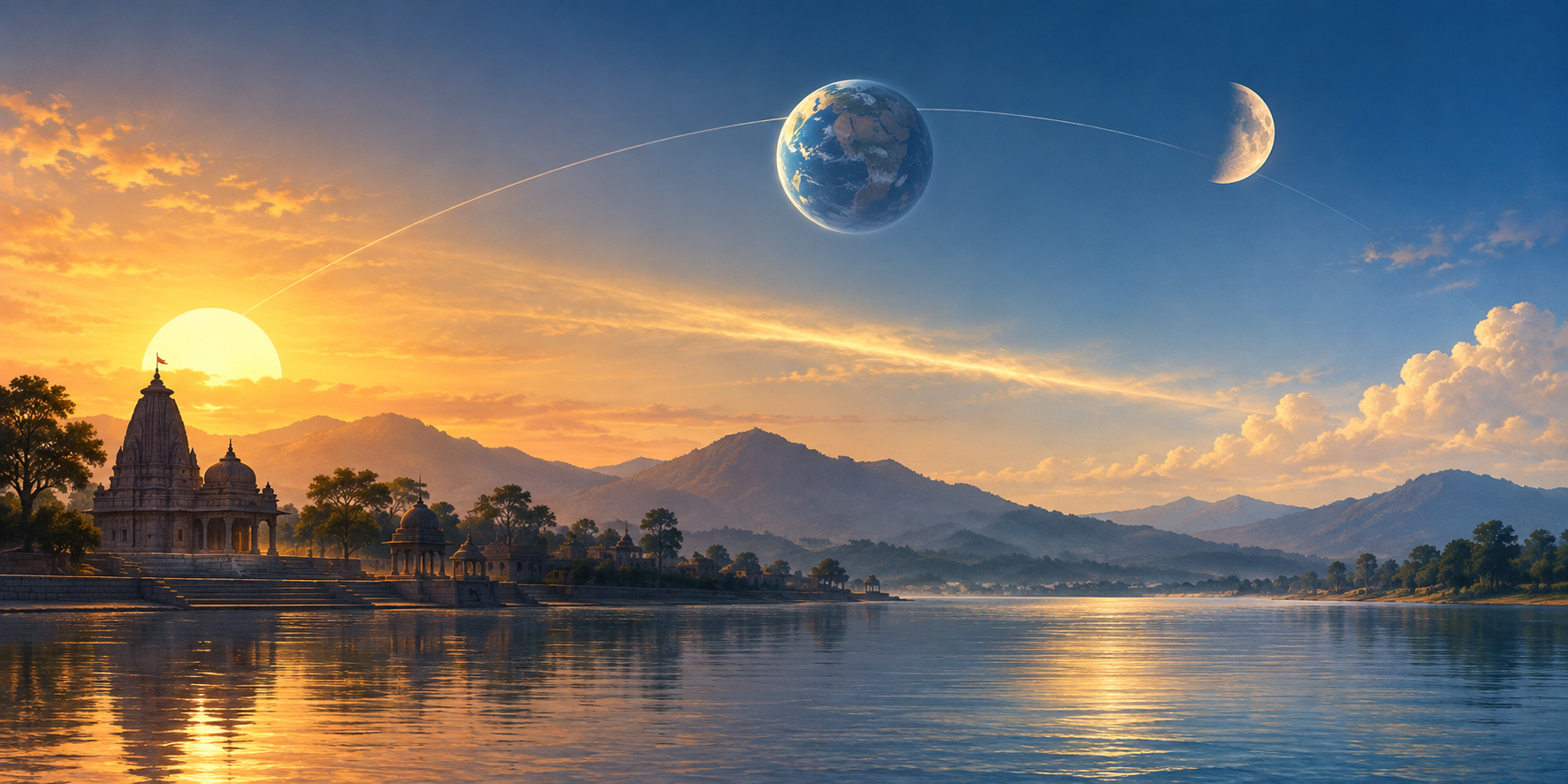 A continuous sunrise-to-late-morning landscape with a temple silhouette and stylized Sun, Earth, and waxing Moon forms suggesting a lunar transition within one day.