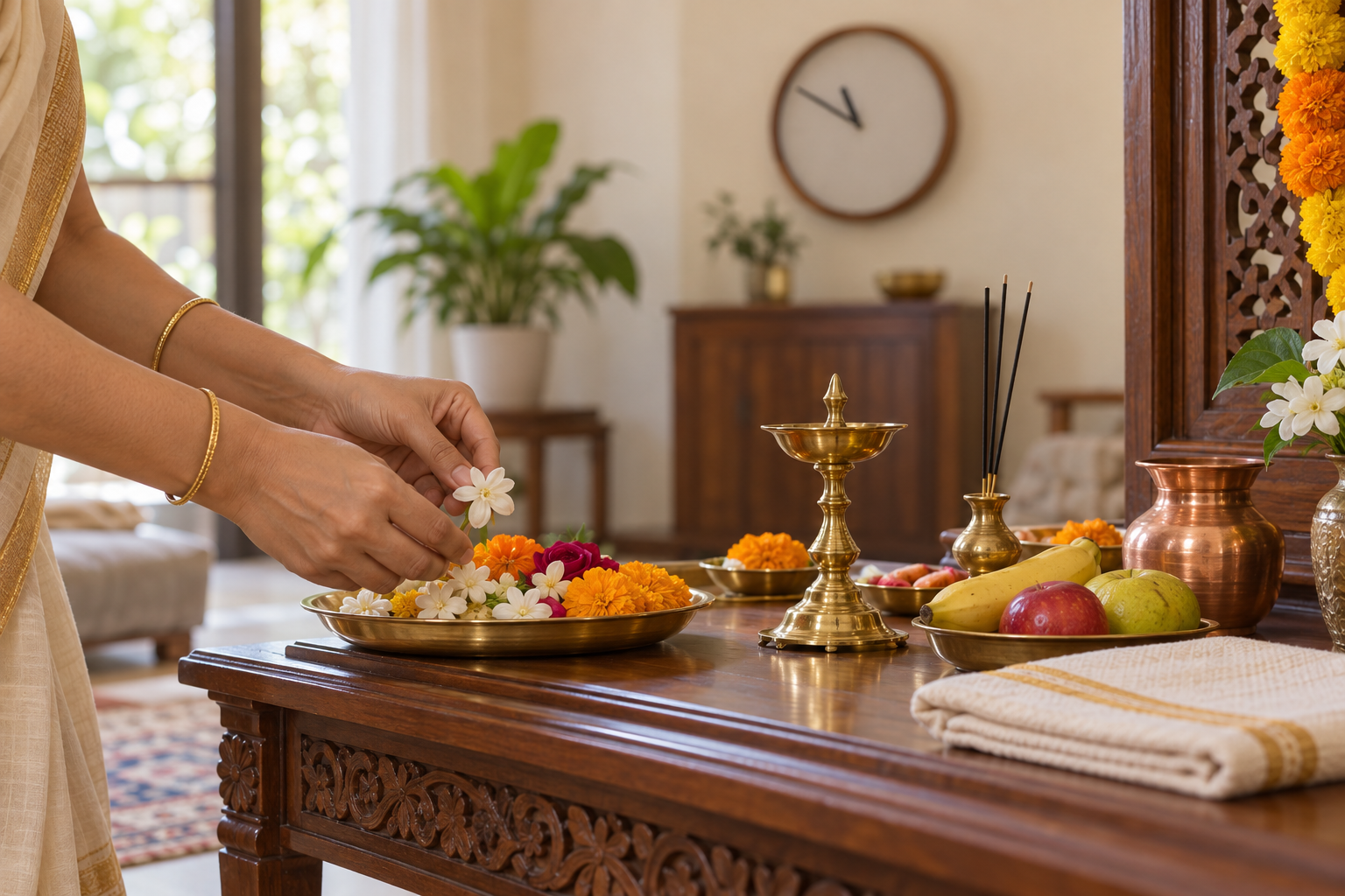 Hands arrange flowers, fruit, a brass lamp, incense holder, and copper vessel for puja while a numberless clock in the background shows late morning.