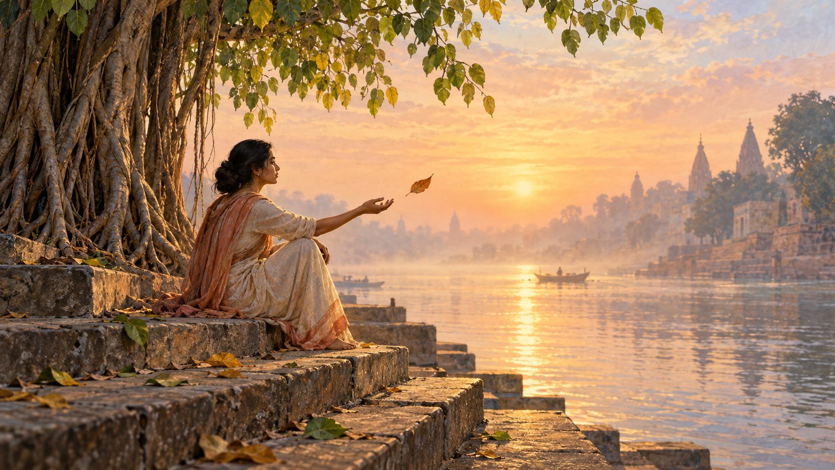 A person sits beneath a banyan tree on riverside stone steps at dawn, releasing a dry leaf into the breeze as the river flows past.