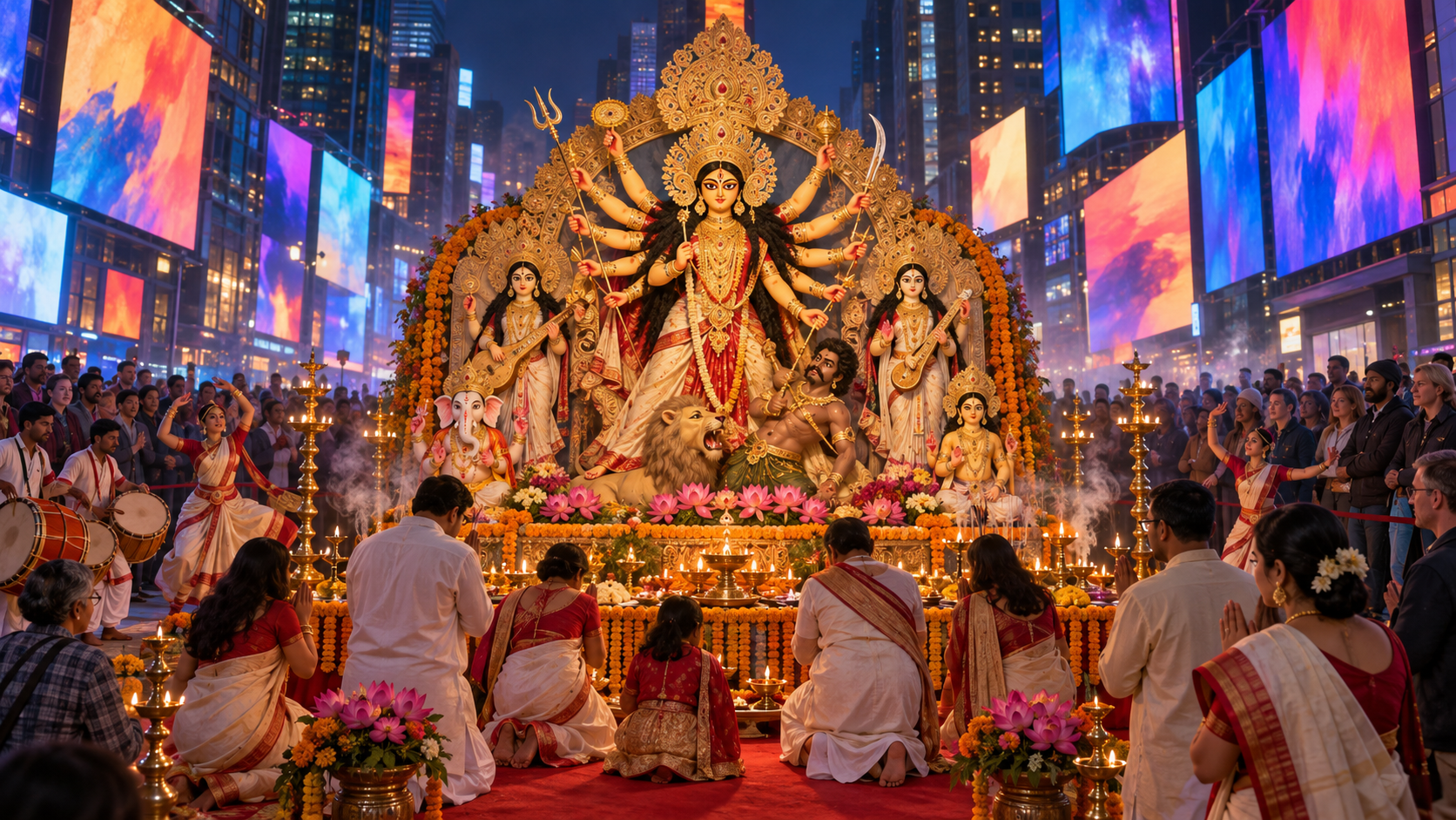 A Durga tableau illuminated with lamps and flowers at the center of a nighttime gathering in Times Square, with devotees and onlookers surrounding it.